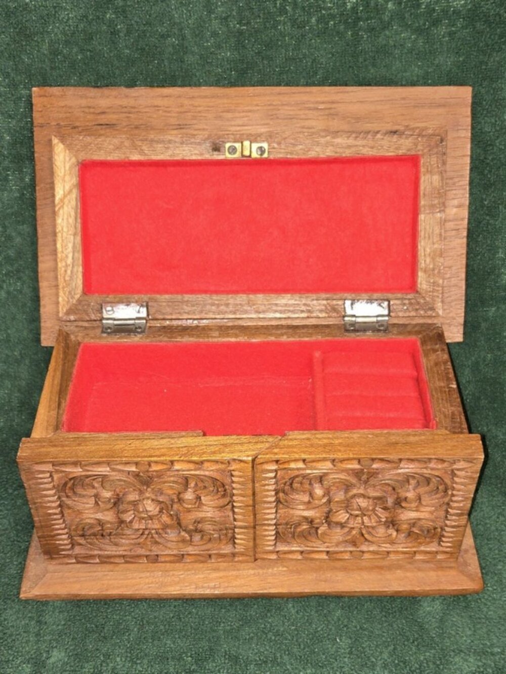 Vintage Hand-Carved Wooden Jewelry Box with Red Velvet Lining